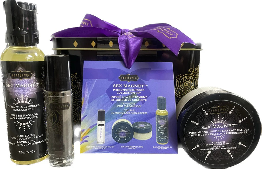 SEX MAGNET PHEROMONE BLUE LOTUS GIFT SET INCLUDES ROLL ON FRAGRANCE, MASSAGE OIL, MASSAGE CANDLE
