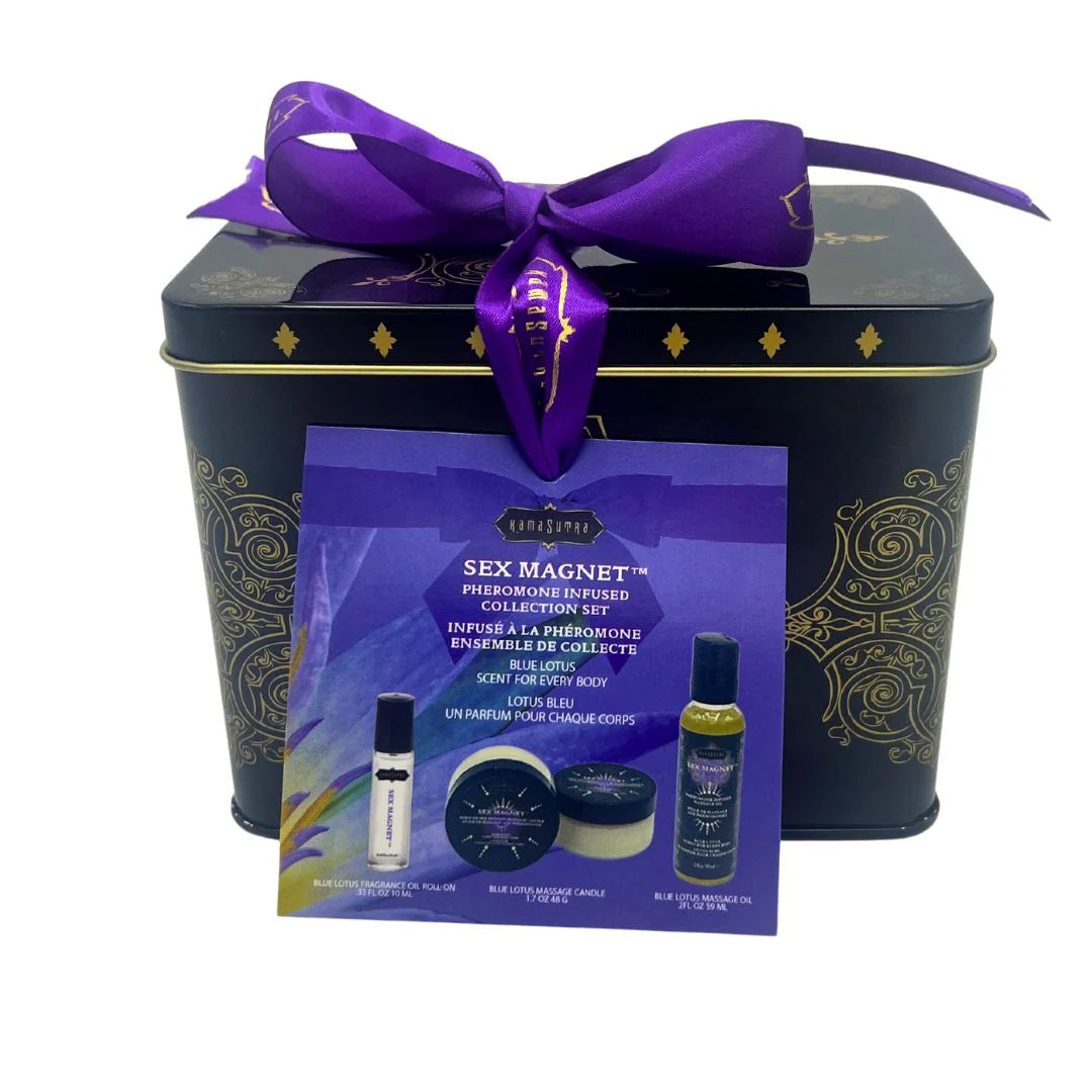 SEX MAGNET PHEROMONE BLUE LOTUS GIFT SET INCLUDES ROLL ON FRAGRANCE, MASSAGE OIL, MASSAGE CANDLE