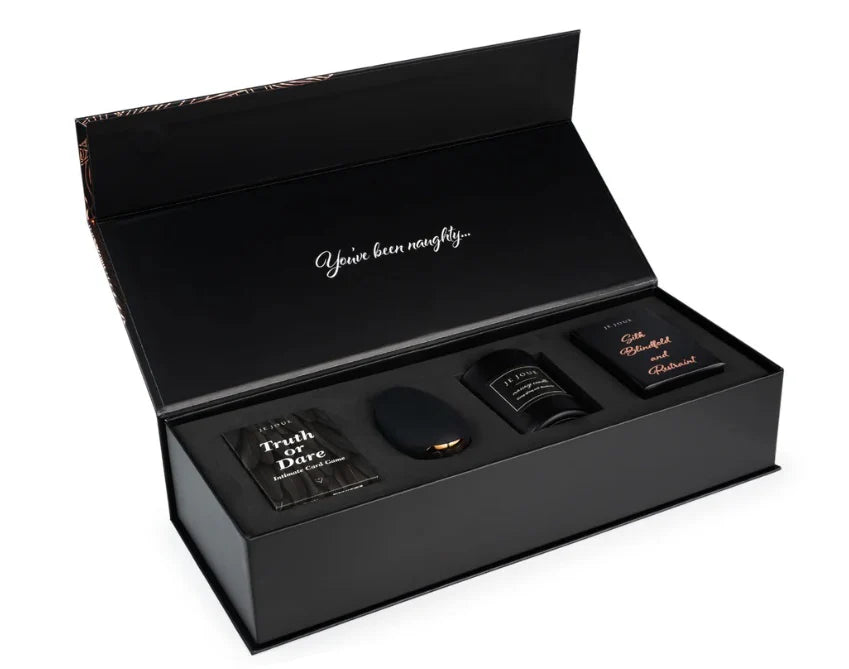 NAUGHTY GIFT SET: BLACK TRUTH OR DARE CARDS, MIMI, MASSAGE CANDLE, SILK BLINDFOLD & RESTRAINT