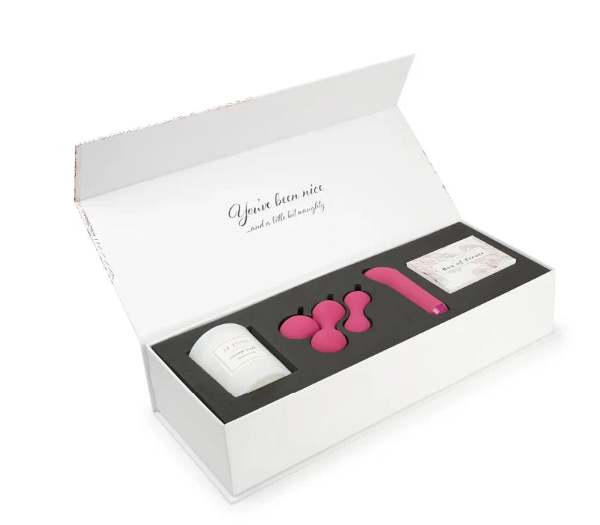 NICE AND NAUGHTY GIFT SET: WHITE, PINK - CANDLE, AMI, G-SPOT BULLET, TREAT CARDS